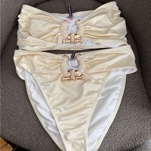 PrettyLittleThing Cream Bikini Top with Gold Detail